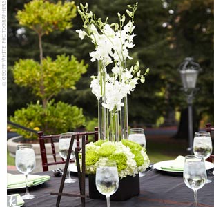 Tall acrylic tubes with stems of Hawaiian orchids were nestled into boxes of spider mums and hydrangeas for a modern, architectural look.