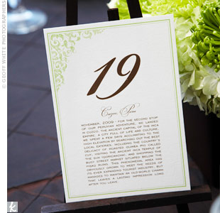 Each table was numbered and named after places they had traveled together. The cards mimicked the invite design and were propped up on wooden easels.